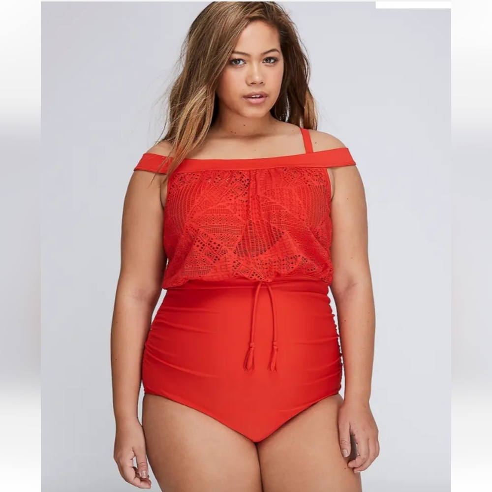 Cacique Swim Bandeau Off Shoulder Crochet Blouson One Piece Swimsuit NEW - Picture 5 of 7